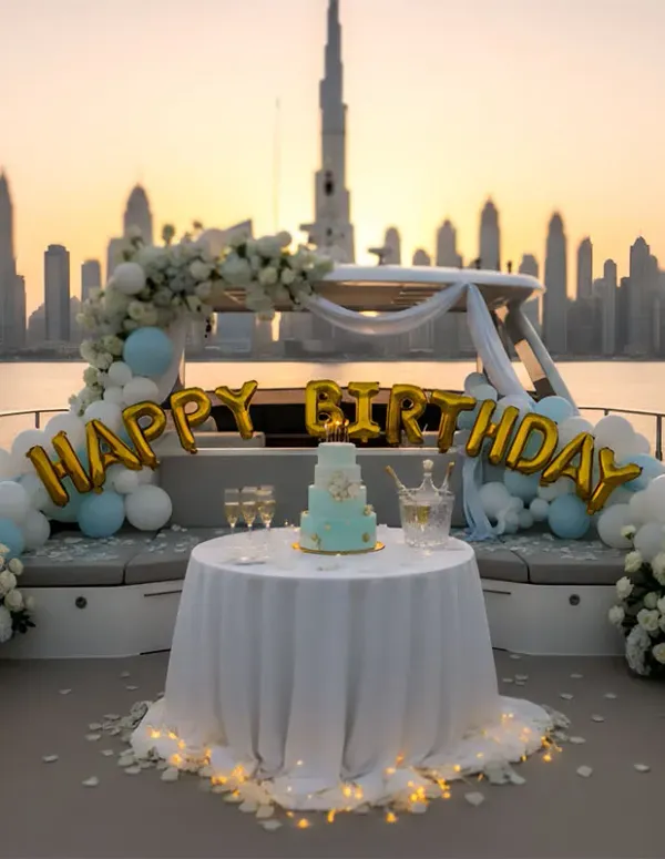 Birthday decorations on a yacht deck with the Dubai skyline behind